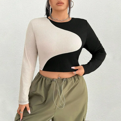 Plus Size Color Block Long Sleeve Crop Top