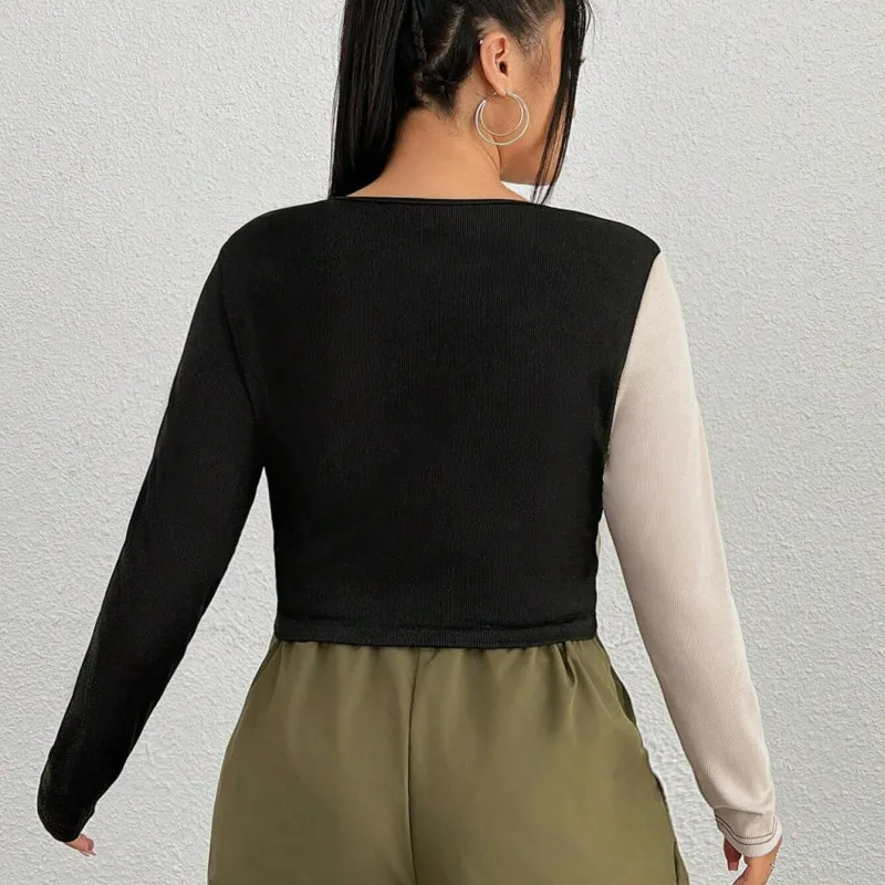 Plus Size Color Block Long Sleeve Crop Top